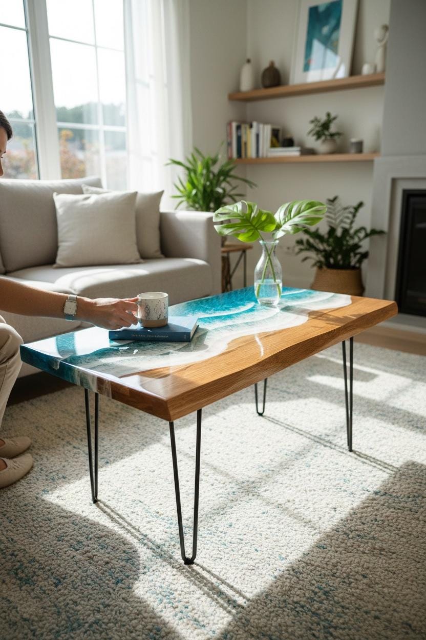 Luxury Oak Ocean Coffee Table | Handmade Resin Table | Solid Oak Coastal Furniture | Beach House Decor | Modern Coffee Table