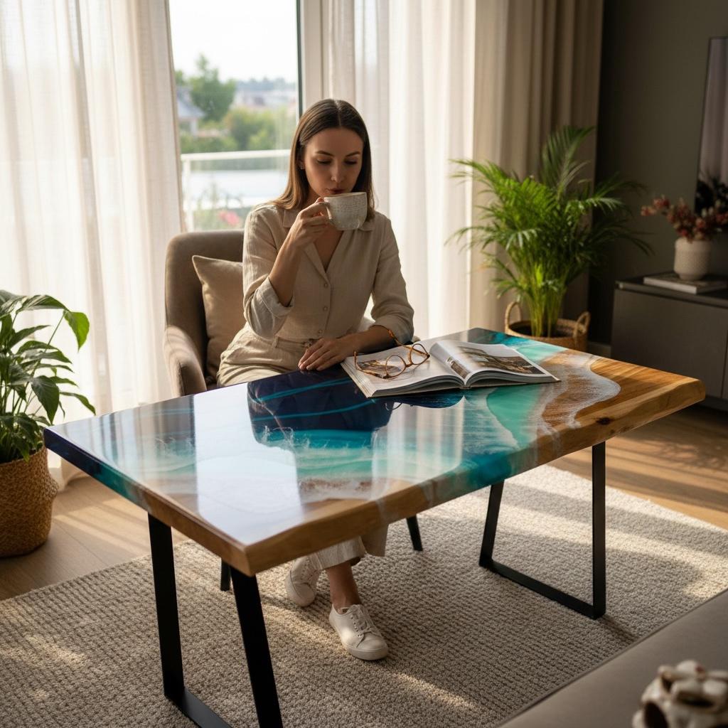 Epoxy Resin Ocean Coffee Table – Handcrafted Coastal Art Furniture (80–100 cm)