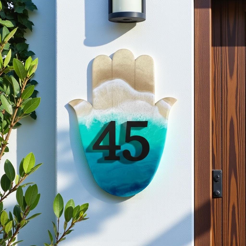 Hamsa Hand House Number Plaque – Handmade Resin Ocean Door Sign, Coastal Home Decor, Custom Address Plate
