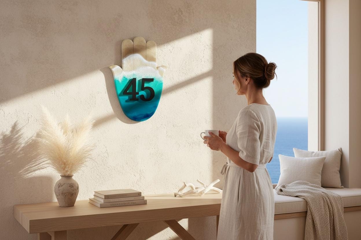 Hamsa Hand House Number Plaque – Handmade Resin Ocean Door Sign, Coastal Home Decor, Custom Address Plate