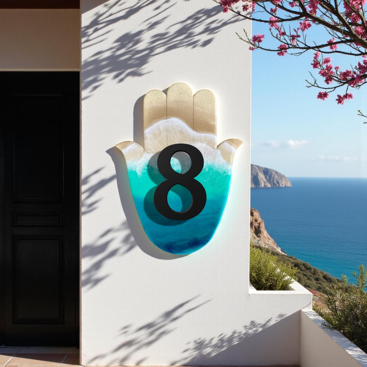 Hamsa Hand House Number Plaque – Handmade Resin Ocean Door Sign, Coastal Home Decor, Custom Address Plate