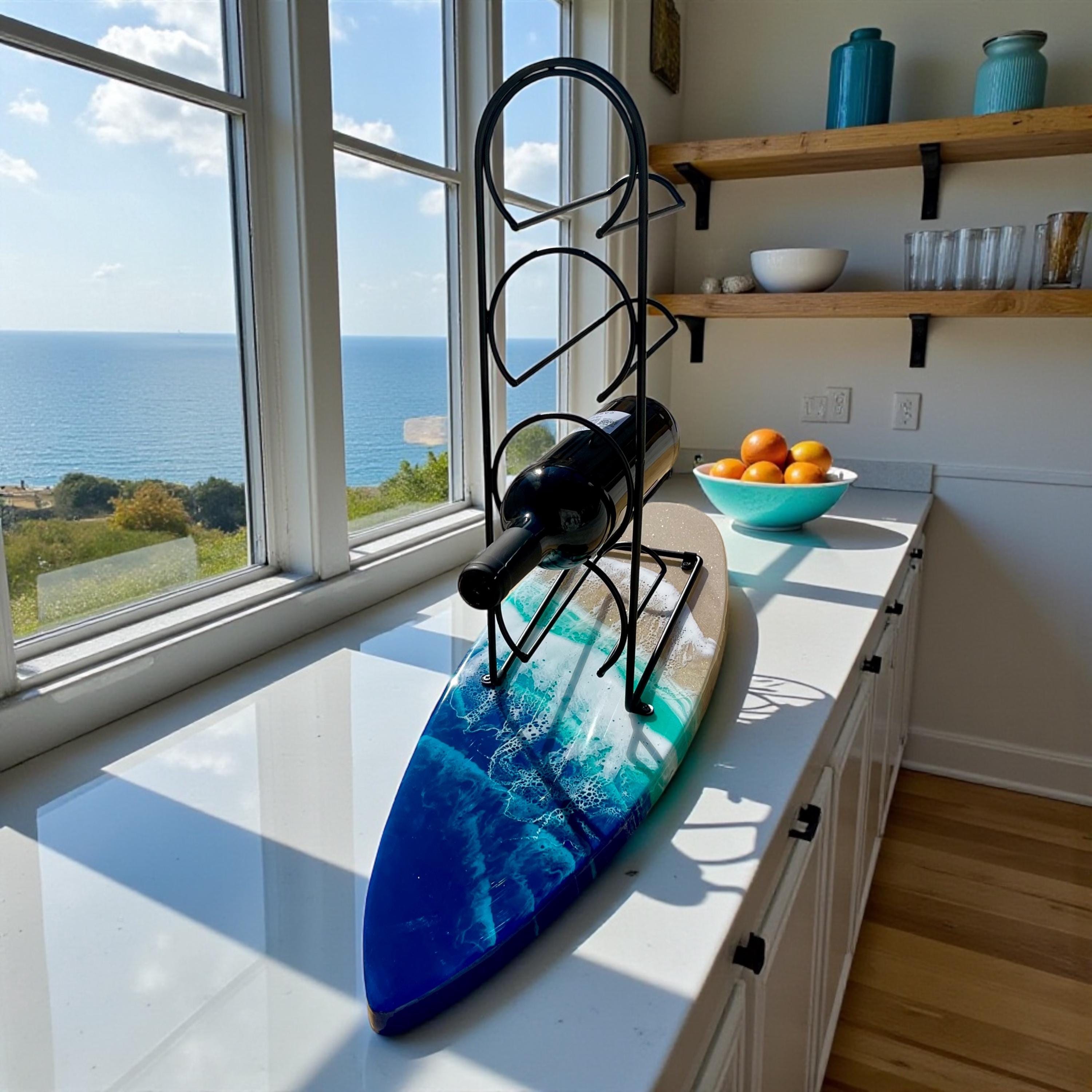 Surfboard Wine Rack | Ocean Resin Bottle Holder | Coastal Home Bar Decor | Beach House Gift | Handmade Surfboard Art | 4-Bottle Wine Stand