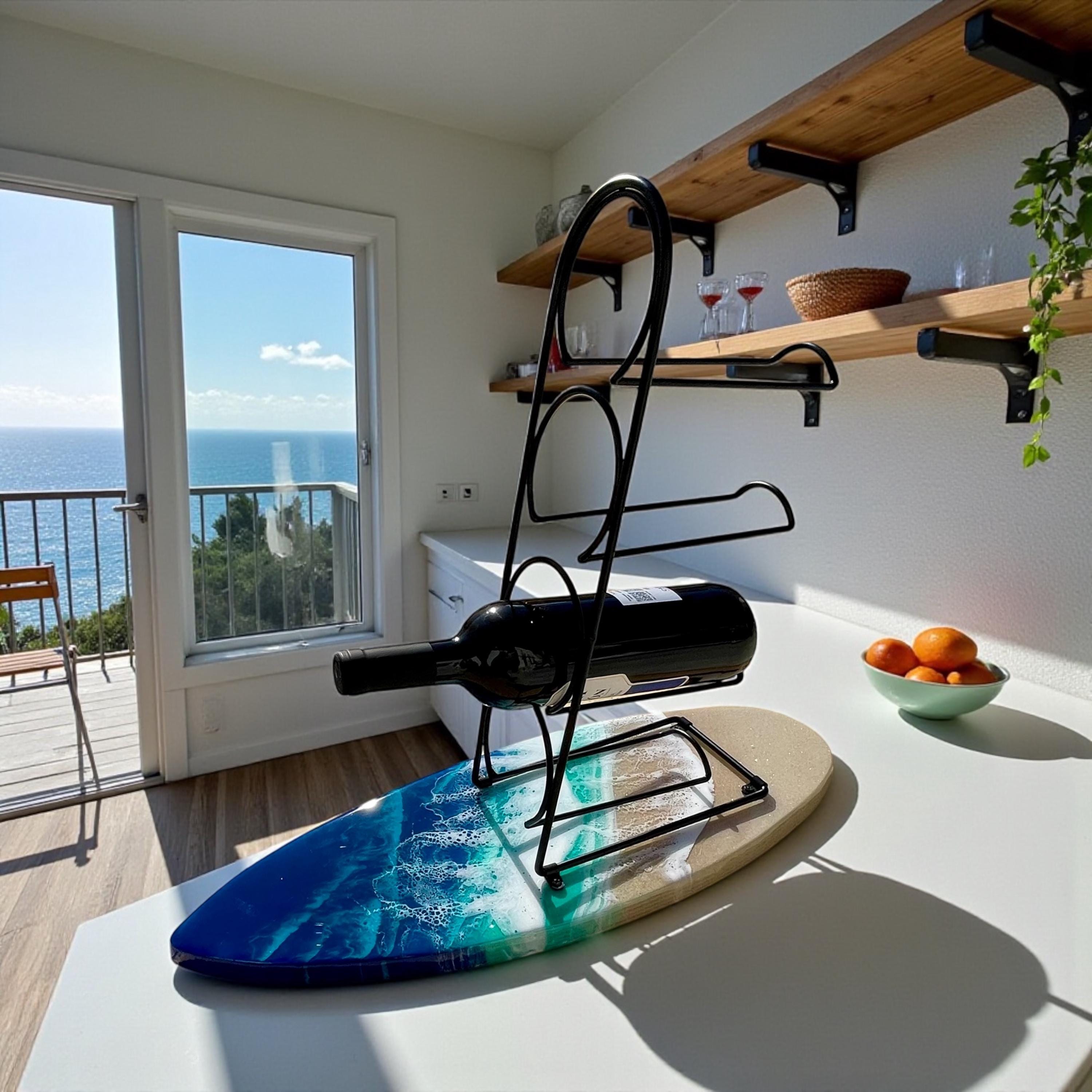 Surfboard Wine Rack | Ocean Resin Bottle Holder | Coastal Home Bar Decor | Beach House Gift | Handmade Surfboard Art | 4-Bottle Wine Stand