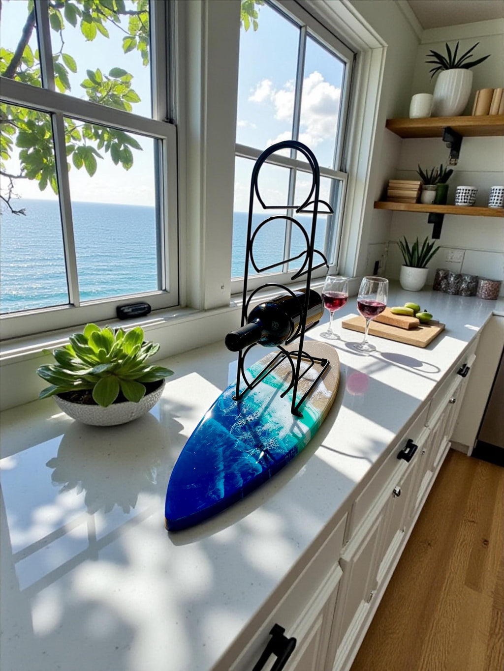 Surfboard Wine Rack | Ocean Resin Bottle Holder | Coastal Home Bar Decor | Beach House Gift | Handmade Surfboard Art | 4-Bottle Wine Stand