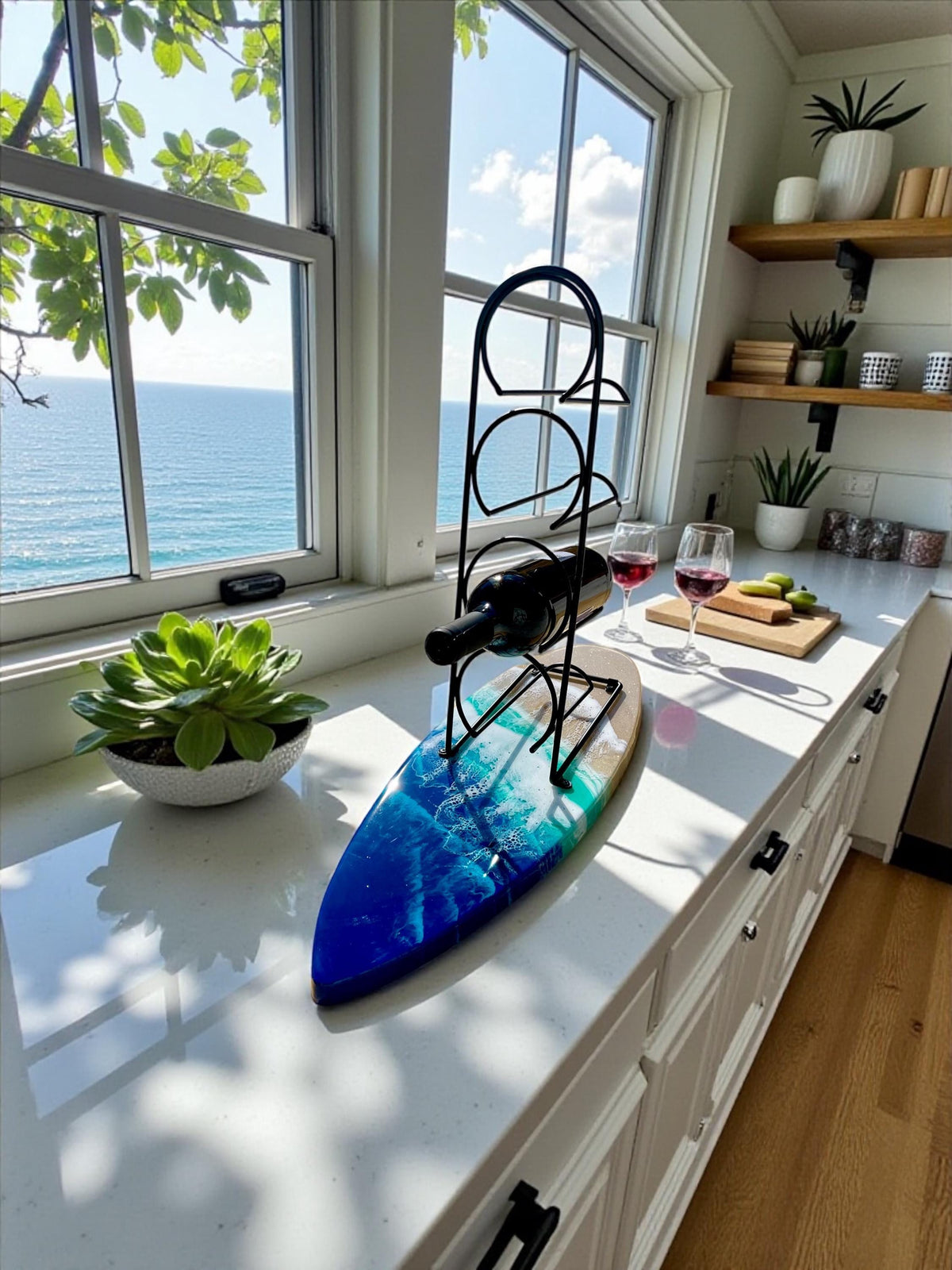 Surfboard Wine Rack | Ocean Resin Bottle Holder | Coastal Home Bar Decor | Beach House Gift | Handmade Surfboard Art | 4-Bottle Wine Stand