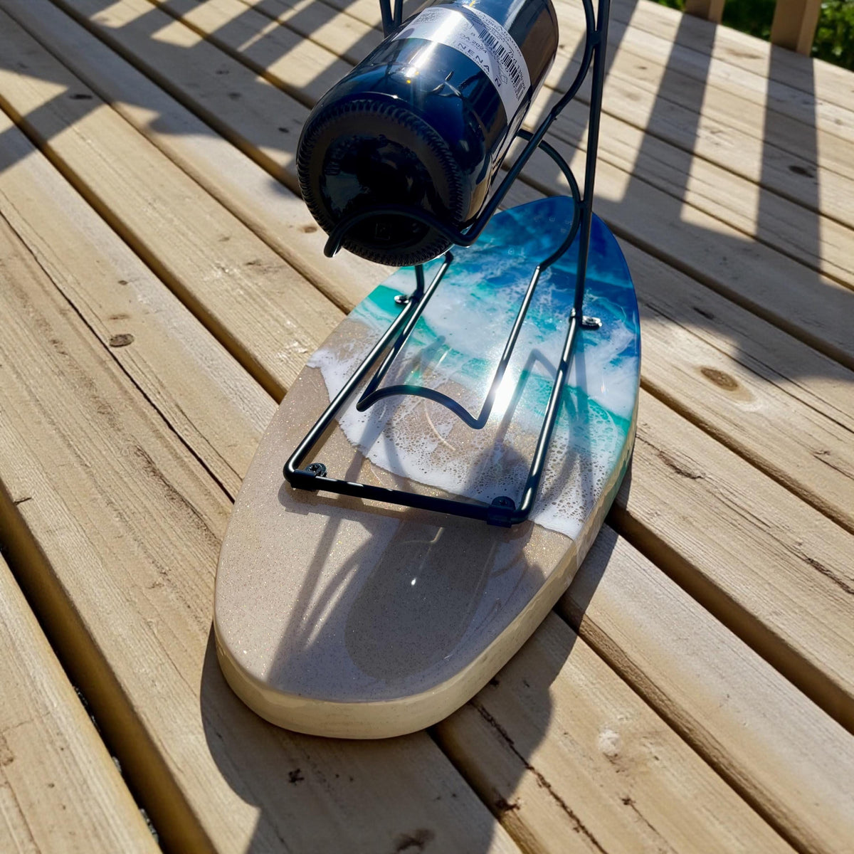 Surfboard Wine Rack | Ocean Resin Bottle Holder | Coastal Home Bar Decor | Beach House Gift | Handmade Surfboard Art | 4-Bottle Wine Stand