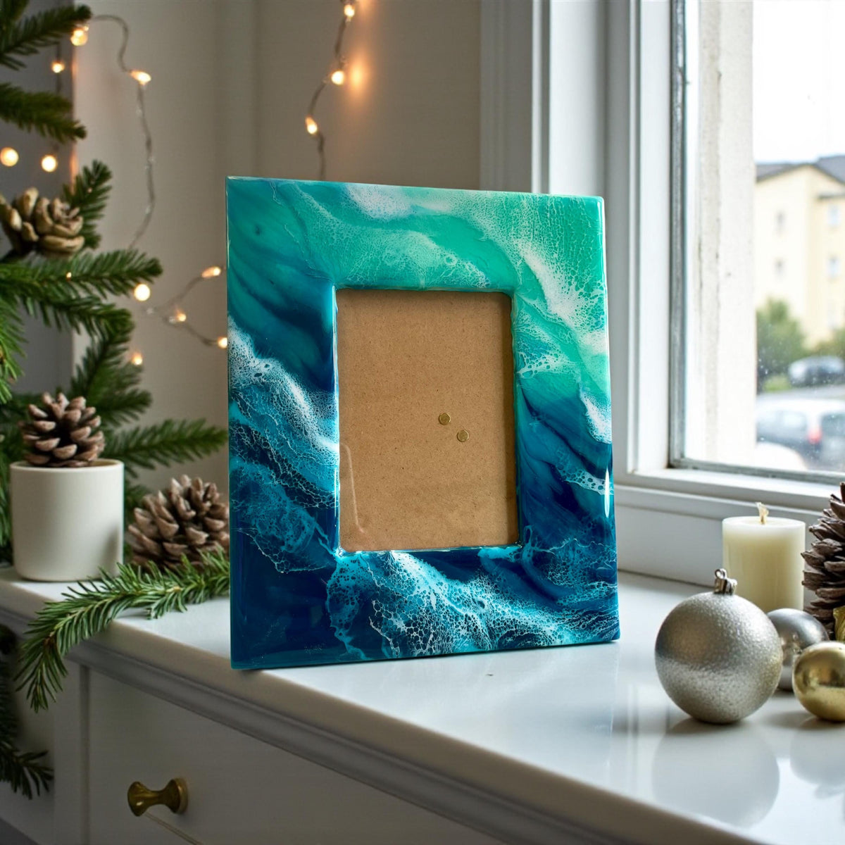 Ocean Resin Photo Frame | Coastal Picture Frame | Turquoise & Deep Blue Waves | Handmade Beach House Decor | Nautical Gift | Modern Coastal