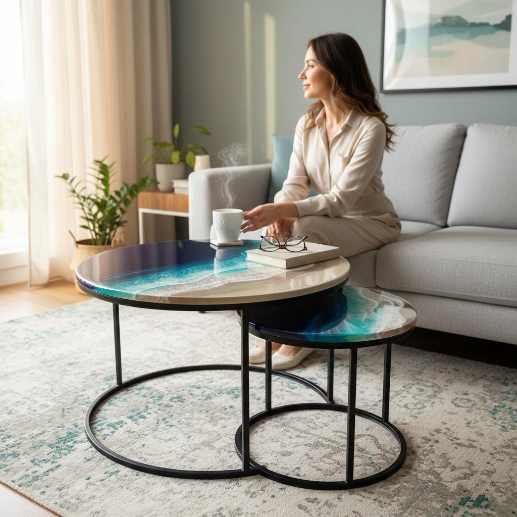 Ocean Resin Nesting Coffee Tables | Set of 2 Coastal Side Tables | Luxury Beach House Furniture | Handmade Resin Art | Handmade in Spain