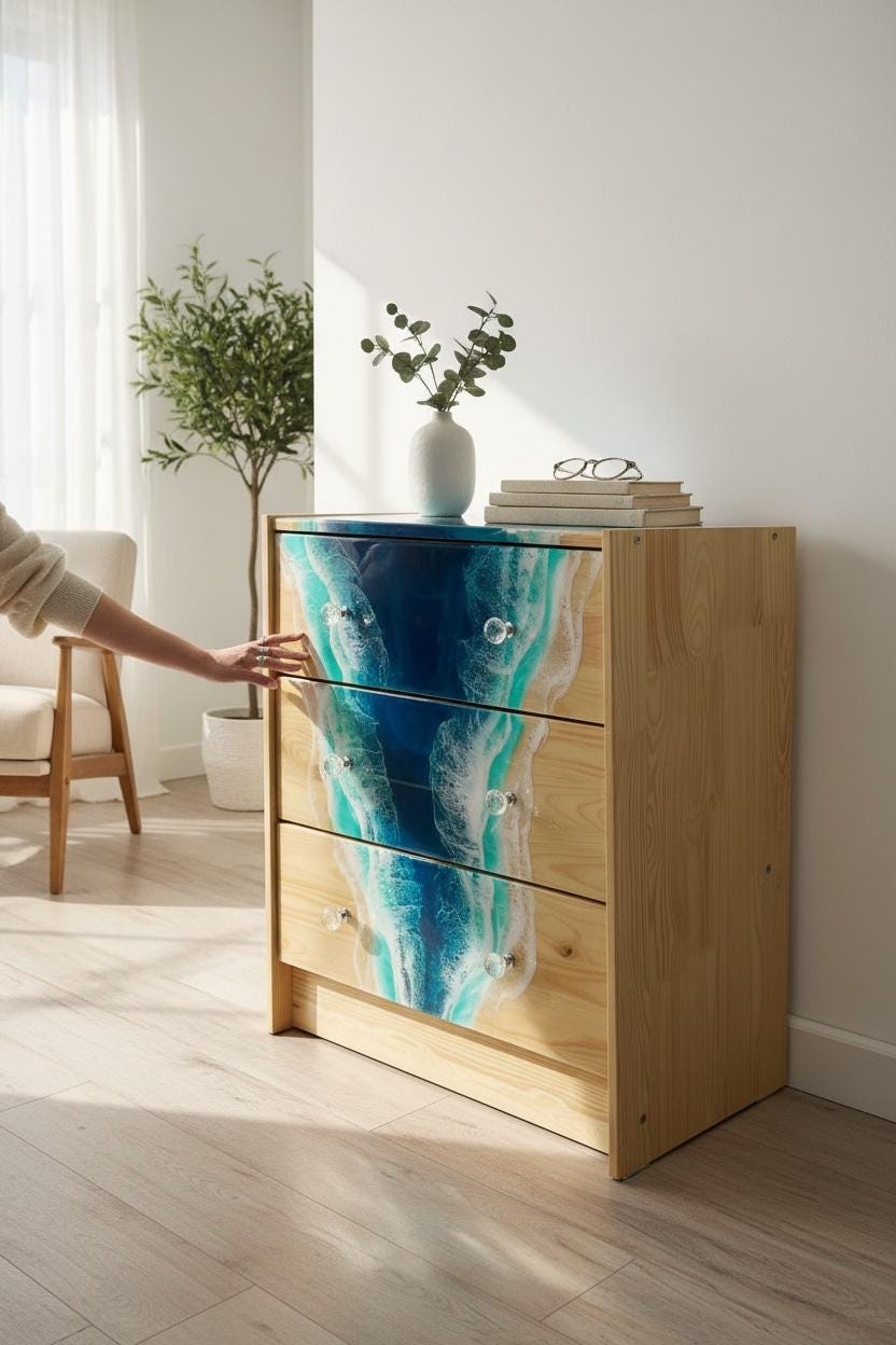 Handmade Ocean Resin Chest of Drawers – Coastal Storage Cabinet with Resin Waterfall Design, Functional Art Furniture