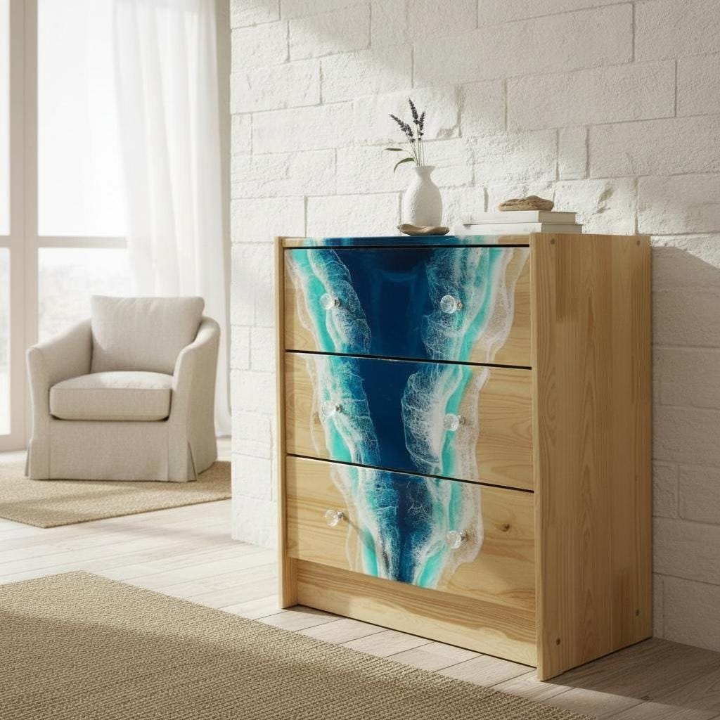 Handmade Ocean Resin Chest of Drawers – Coastal Storage Cabinet with Resin Waterfall Design, Functional Art Furniture