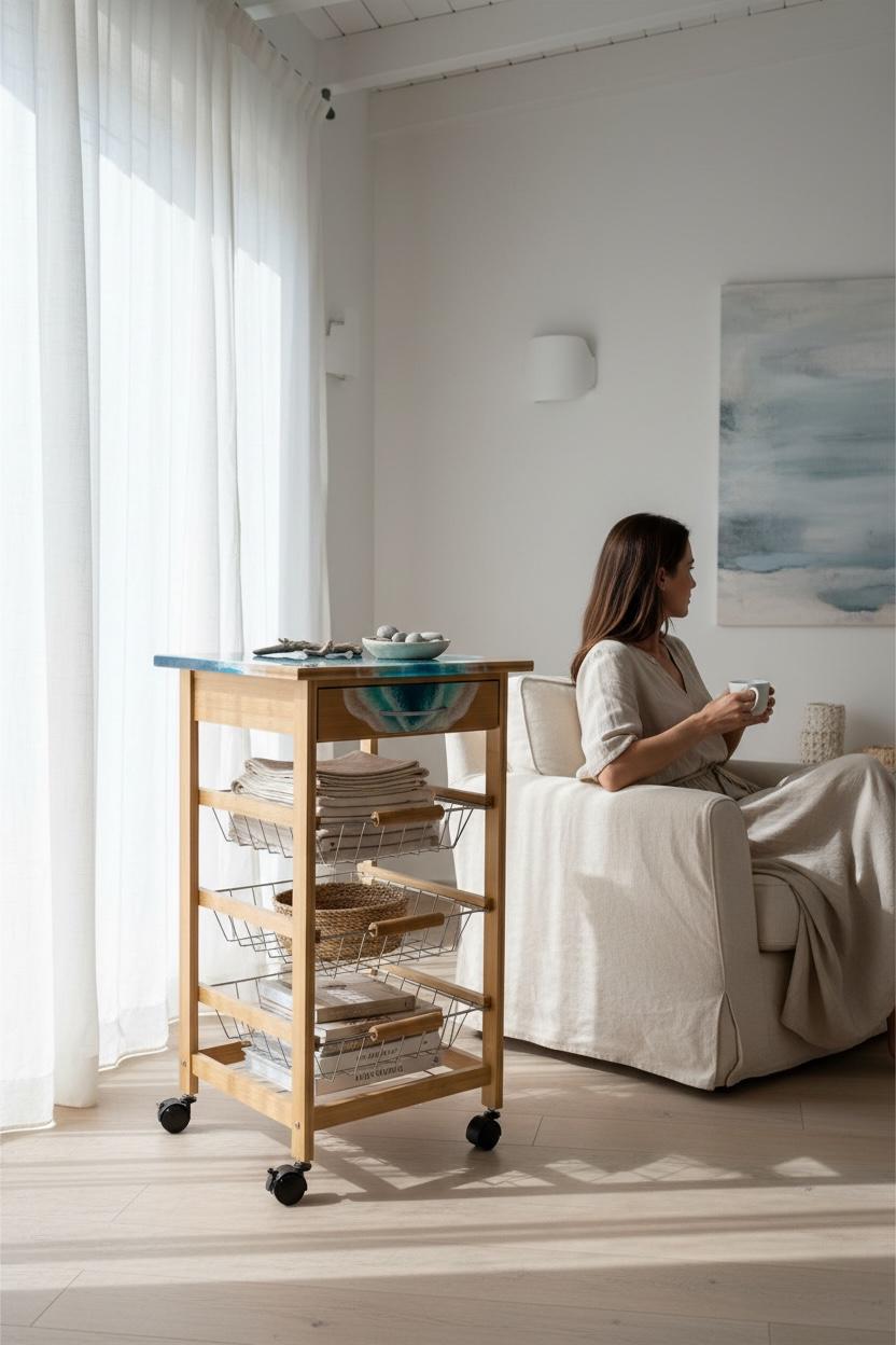 Handmade Bamboo Kitchen Trolley with Ocean Resin Top – Coastal Storage Cart on Wheels, Functional Art Furniture