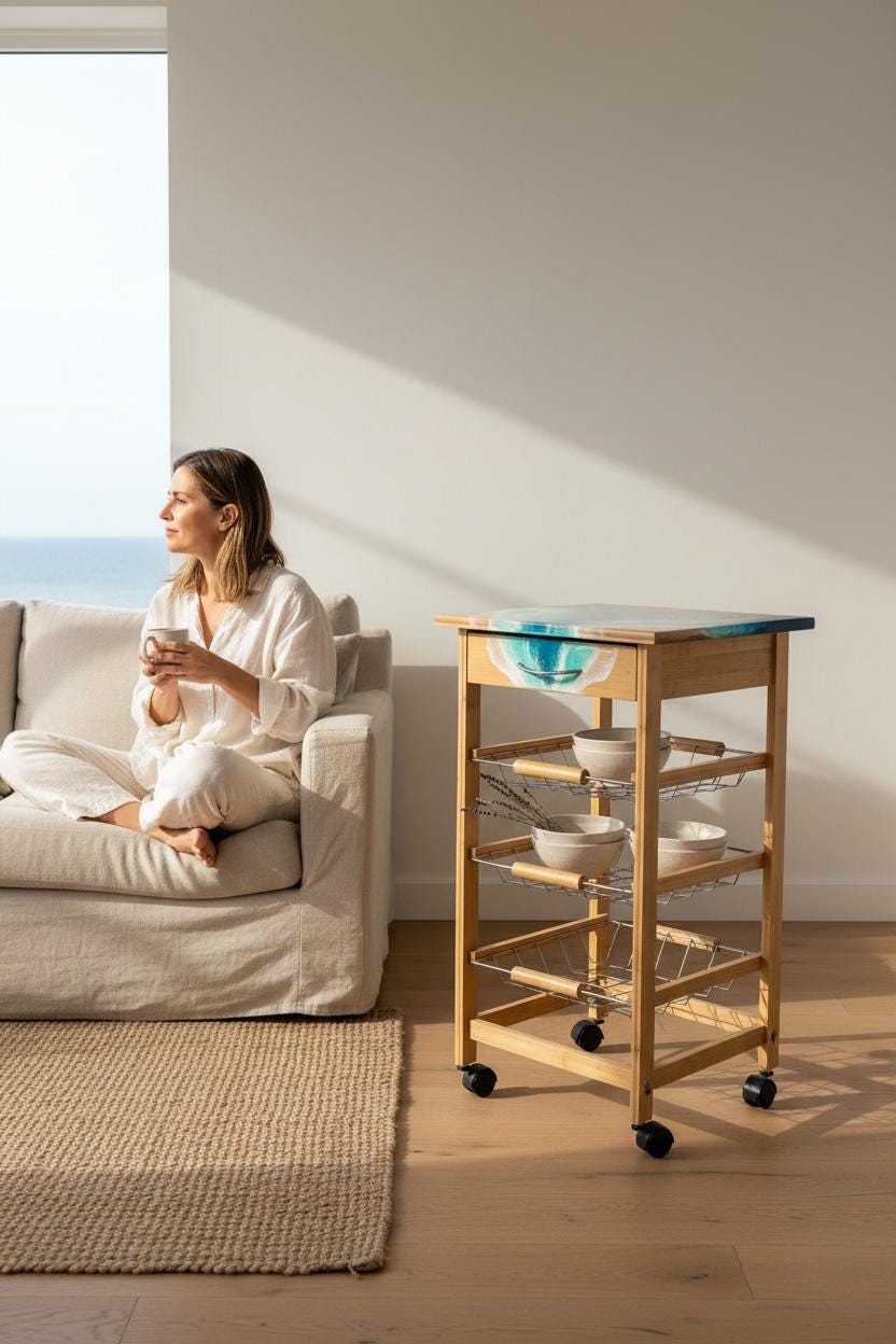 Handmade Bamboo Kitchen Trolley with Ocean Resin Top – Coastal Storage Cart on Wheels, Functional Art Furniture