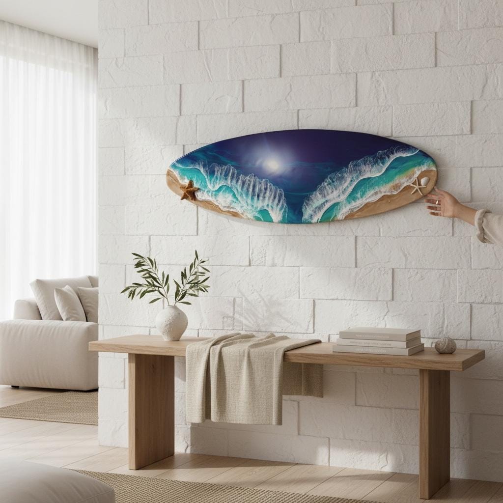 Extra Wide Resin Surfboard Wall Art | 150 cm Ocean Wave Decor | Real Coral Sand & Starfish | Handmade Coastal Resin Art on Solid Pinewood