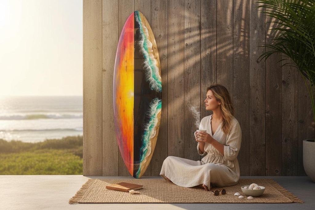 Resin Surfboard Wall Art – Sunset Ocean Decor – Handmade Coastal Wall Hanging – Beach House Art – Small Surfboard Resin Artwork