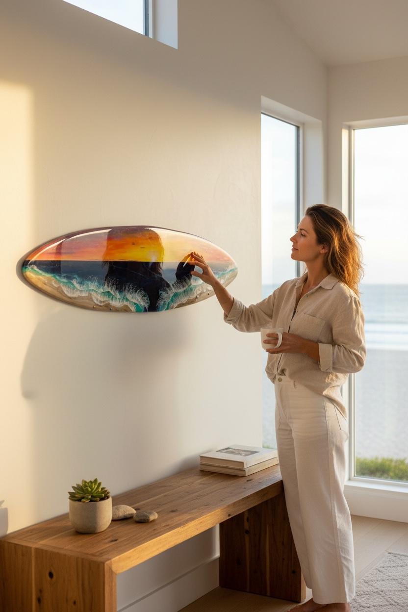 Resin Surfboard Wall Art – Sunset Ocean Decor – Handmade Coastal Wall Hanging – Beach House Art – Small Surfboard Resin Artwork