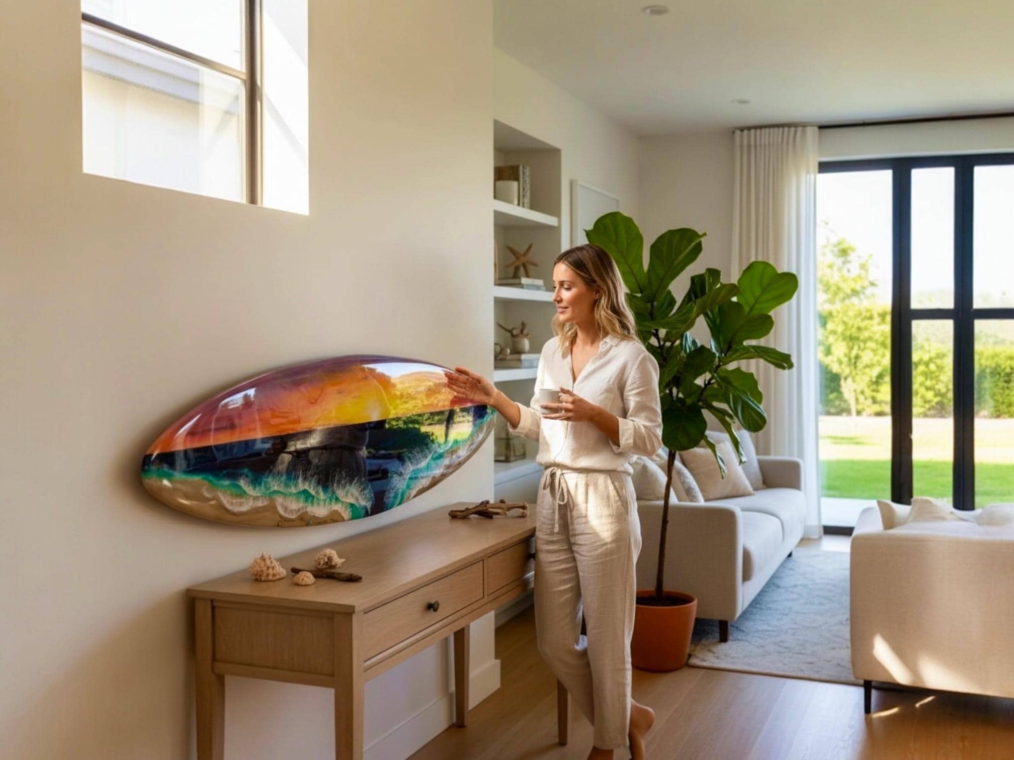 Resin Surfboard Wall Art – Sunset Ocean Decor – Handmade Coastal Wall Hanging – Beach House Art – Small Surfboard Resin Artwork