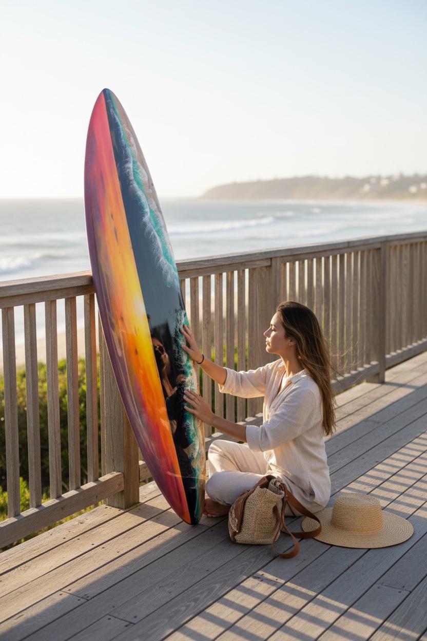Luxury Resin Surfboard Wall Art – Sunset Ocean Statement Piece – Handmade Coastal Art Decor – Large Surfboard Wall Sculpture – Beach House