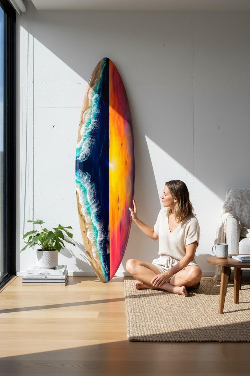 Luxury Resin Surfboard Wall Art – Sunset Ocean Statement Piece – Handmade Coastal Art Decor – Large Surfboard Wall Sculpture – Beach House