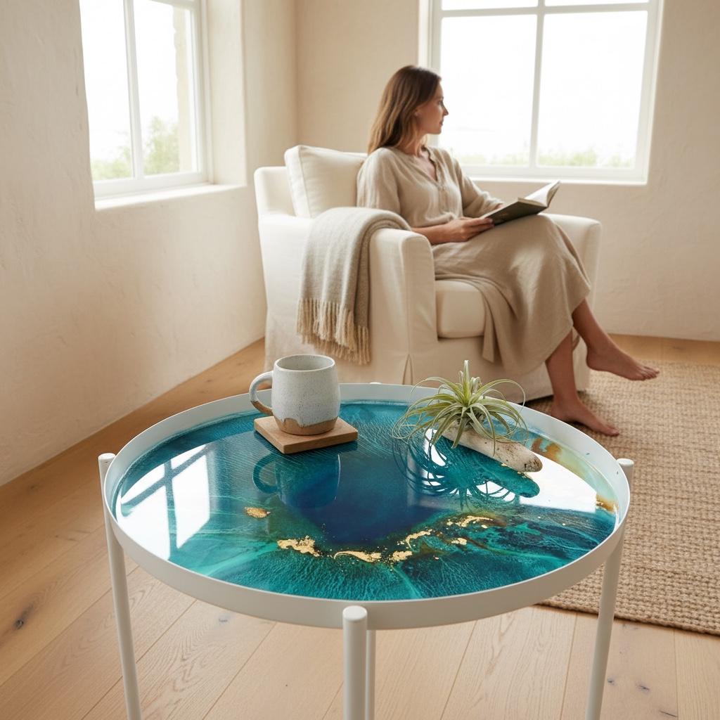 Reef Windows No. 1 – Convertible Resin Art Side Table & Tray | Ocean-Inspired Functional Art Furniture