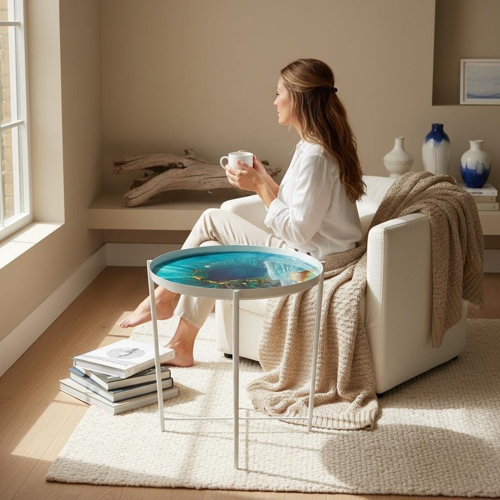 Reef Windows No. 1 – Convertible Resin Art Side Table & Tray | Ocean-Inspired Functional Art Furniture