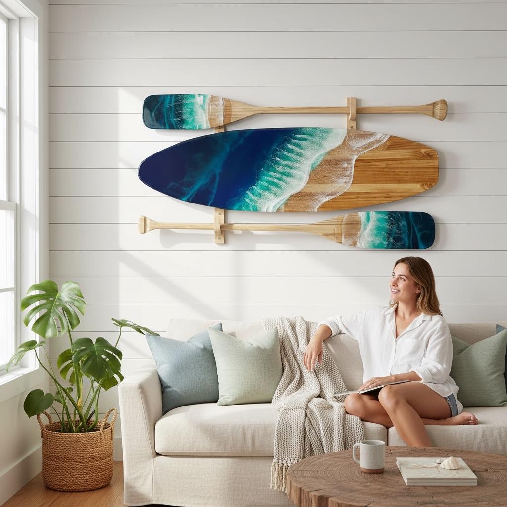 Resin Ocean Surfboard & Oars Wall Art Set • Coastal Home Decor • Handmade Wave Art • 90cm / 120cm Surfboard with Matching Paddles