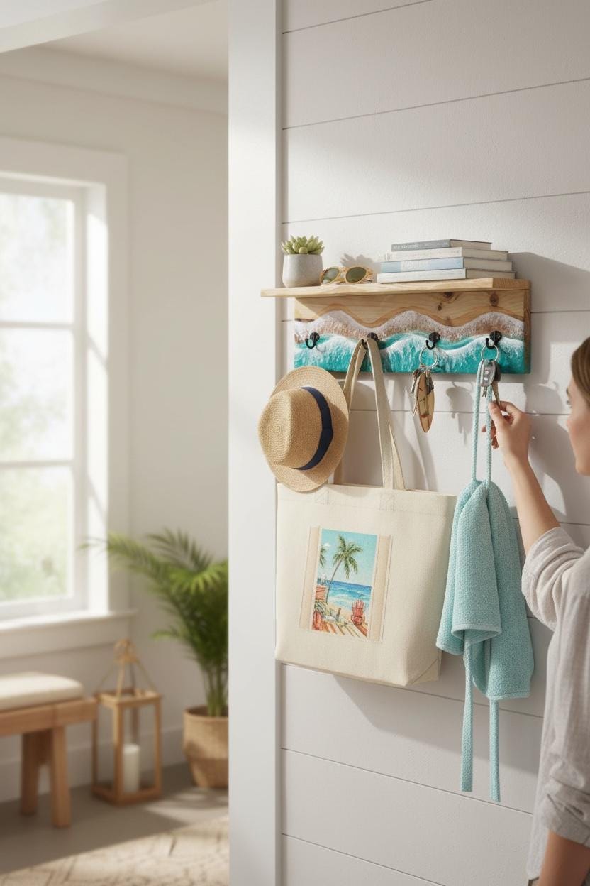 Handmade Resin Coat Rack – Coastal Wall Hook Rack with 3, 4 or 5 Hooks | Ocean-Inspired Entryway Organizer | Functional Resin Art