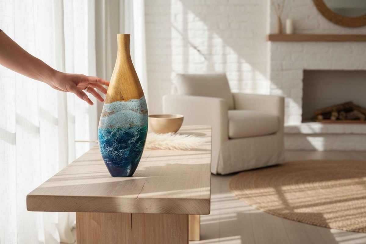 Wooden Vase with Resin Ocean Wave – Handmade Coastal Home Decor