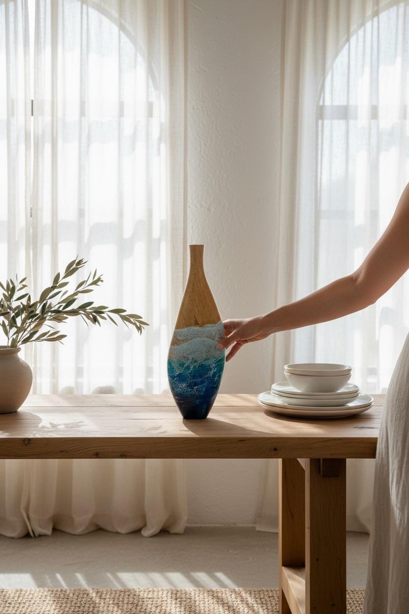 Wooden Vase with Resin Ocean Wave – Handmade Coastal Home Decor