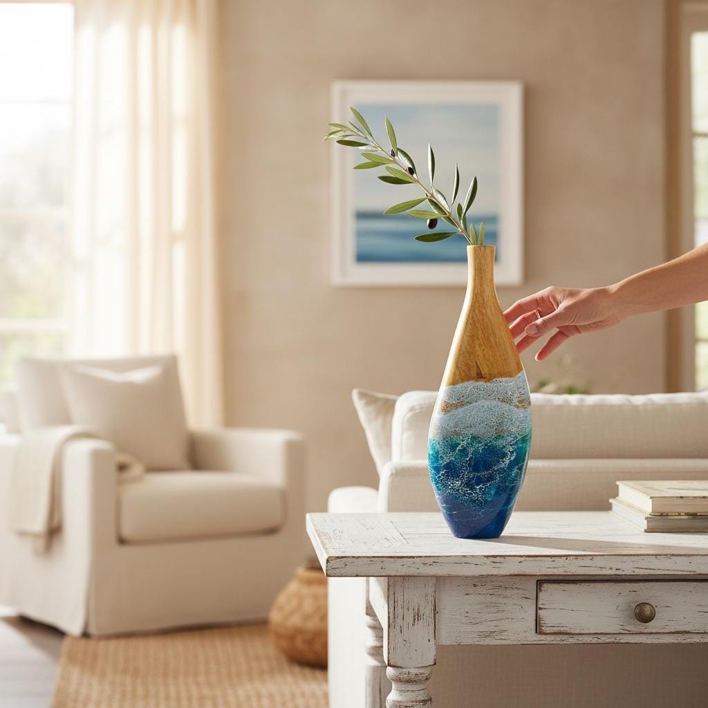 Wooden Vase with Resin Ocean Wave – Handmade Coastal Home Decor