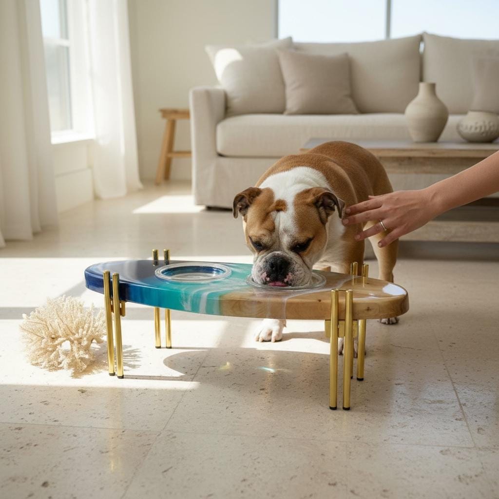 Handmade Surfboard Dog Feeder | Ocean Wave Resin Art, Coastal Pet Bowl Stand