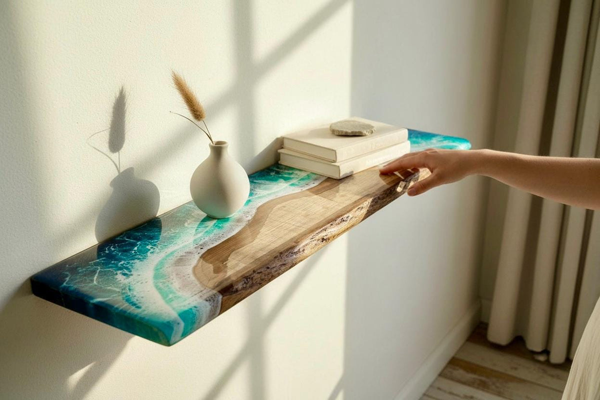 Resin Ocean Wave Oak Floating Shelf, Coastal Decor (60cm)