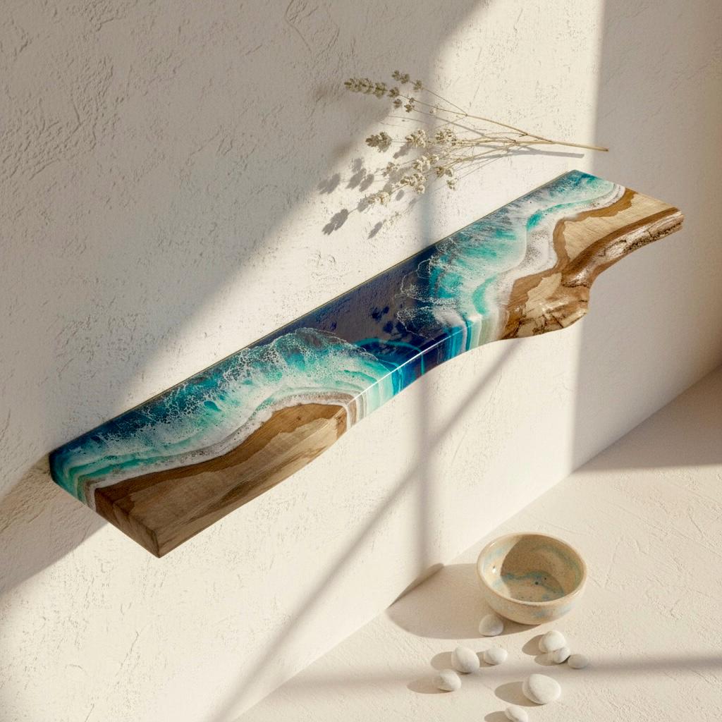 Handmade Resin Ocean Floating Oak Shelf: Coastal Beach House Decor (90 cm)