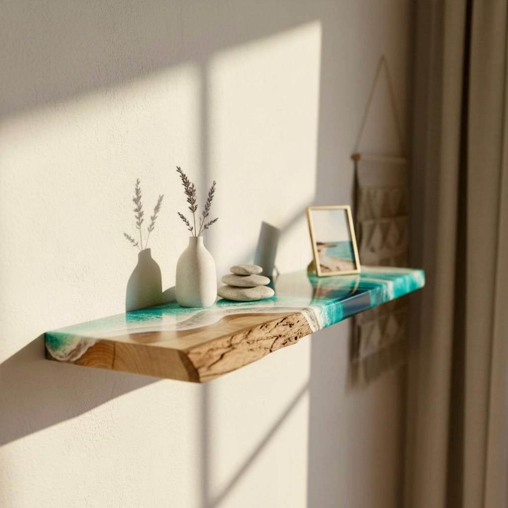 Handmade Oak Floating Shelf with Turquoise Resin Ocean Waves (60 cm)