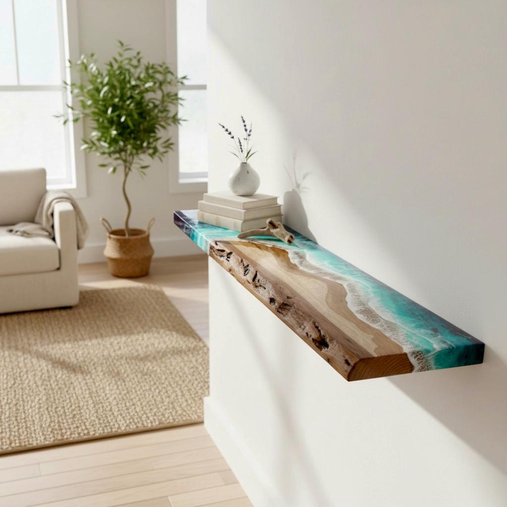 Handmade Oak Floating Shelf with Turquoise Resin Ocean Waves (60 cm)