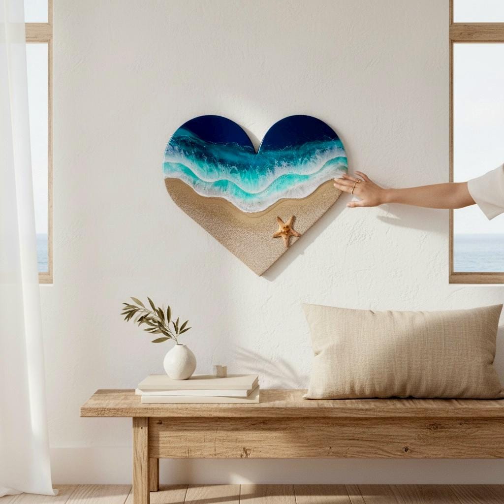 Heart Resin Ocean Art – Coastal Heart Wall Decor – Epoxy Wave Painting – Beach Lovers Gift – Ocean Heart Resin Artwork – Romantic Sea Gift