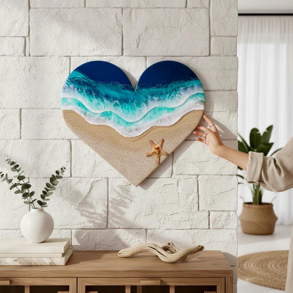Heart Resin Ocean Art – Coastal Heart Wall Decor – Epoxy Wave Painting – Beach Lovers Gift – Ocean Heart Resin Artwork – Romantic Sea Gift