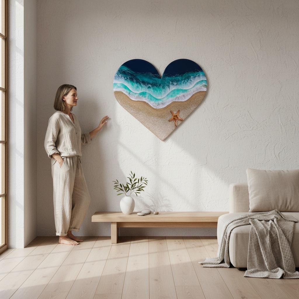 Heart Resin Ocean Art – Coastal Heart Wall Decor – Epoxy Wave Painting – Beach Lovers Gift – Ocean Heart Resin Artwork – Romantic Sea Gift