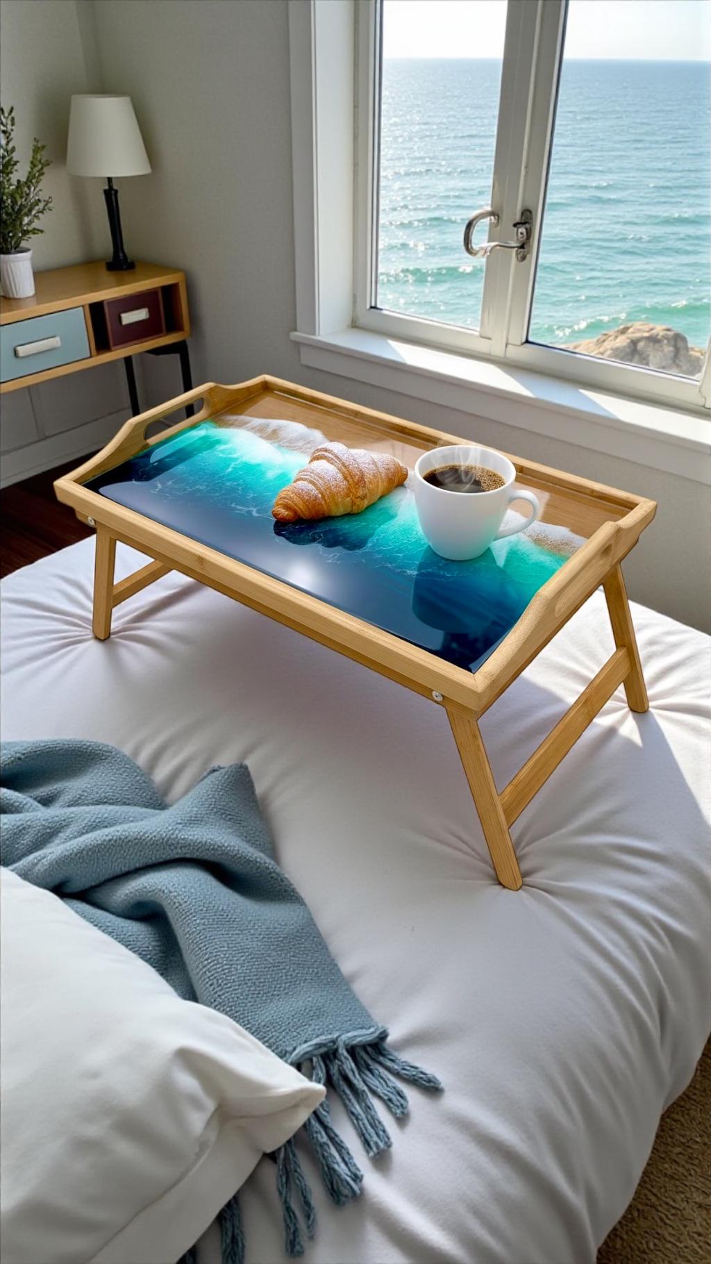 Bamboo Bed Tray with Resin Ocean Waves | Handmade Coastal Serving Tray | Foldable Breakfast Tray | Resin Art Home Decor 53 cm