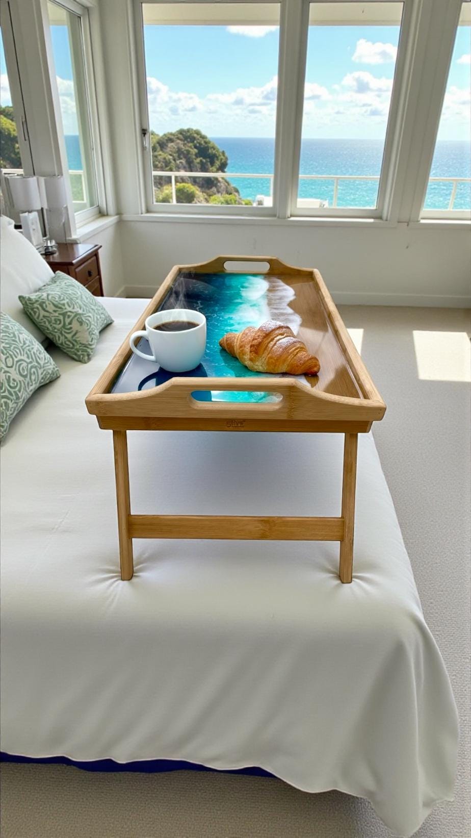 Bamboo Bed Tray with Resin Ocean Waves | Handmade Coastal Serving Tray | Foldable Breakfast Tray | Resin Art Home Decor 53 cm