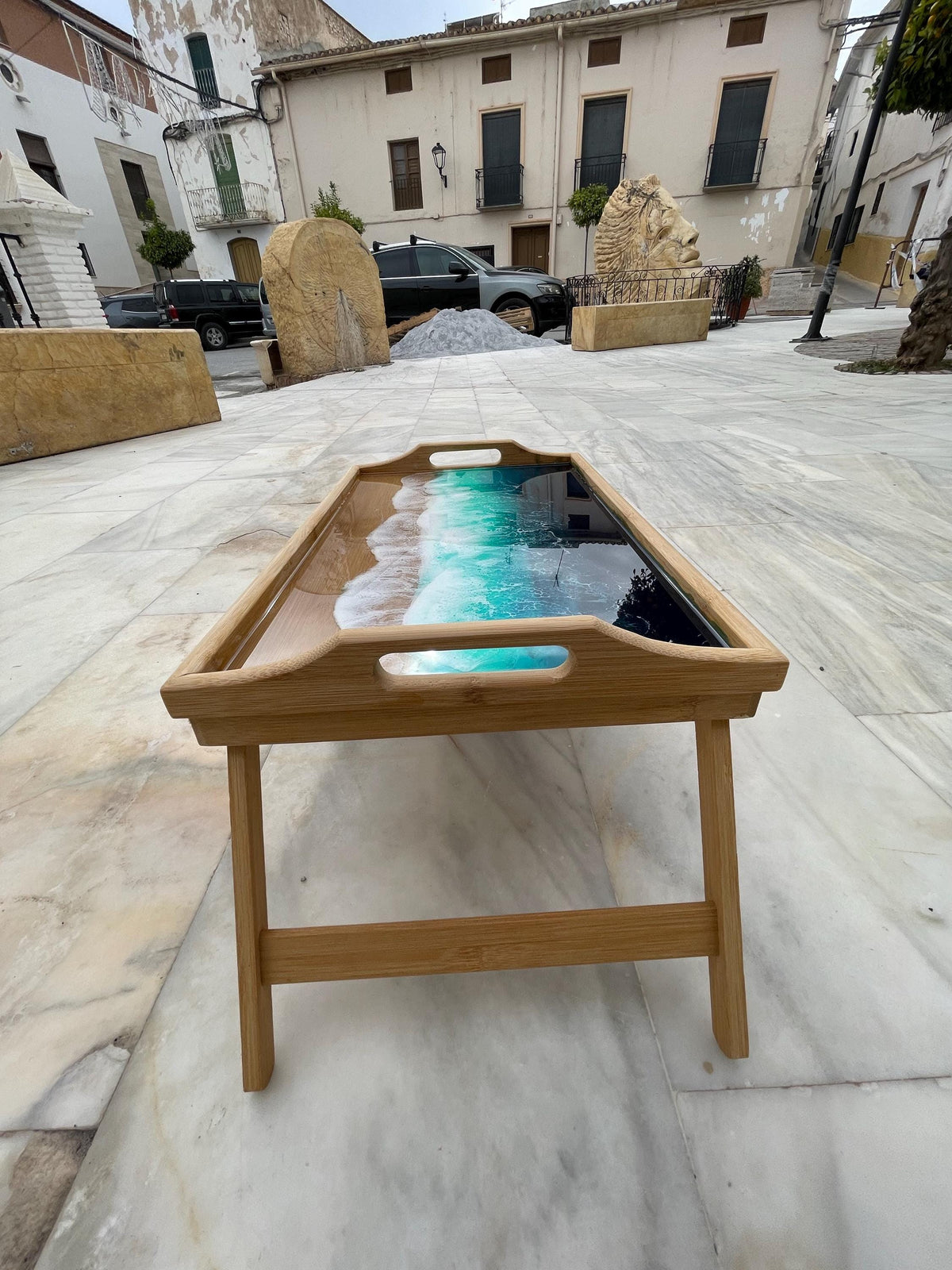 Bamboo Bed Tray with Resin Ocean Waves | Handmade Coastal Serving Tray | Foldable Breakfast Tray | Resin Art Home Decor 53 cm