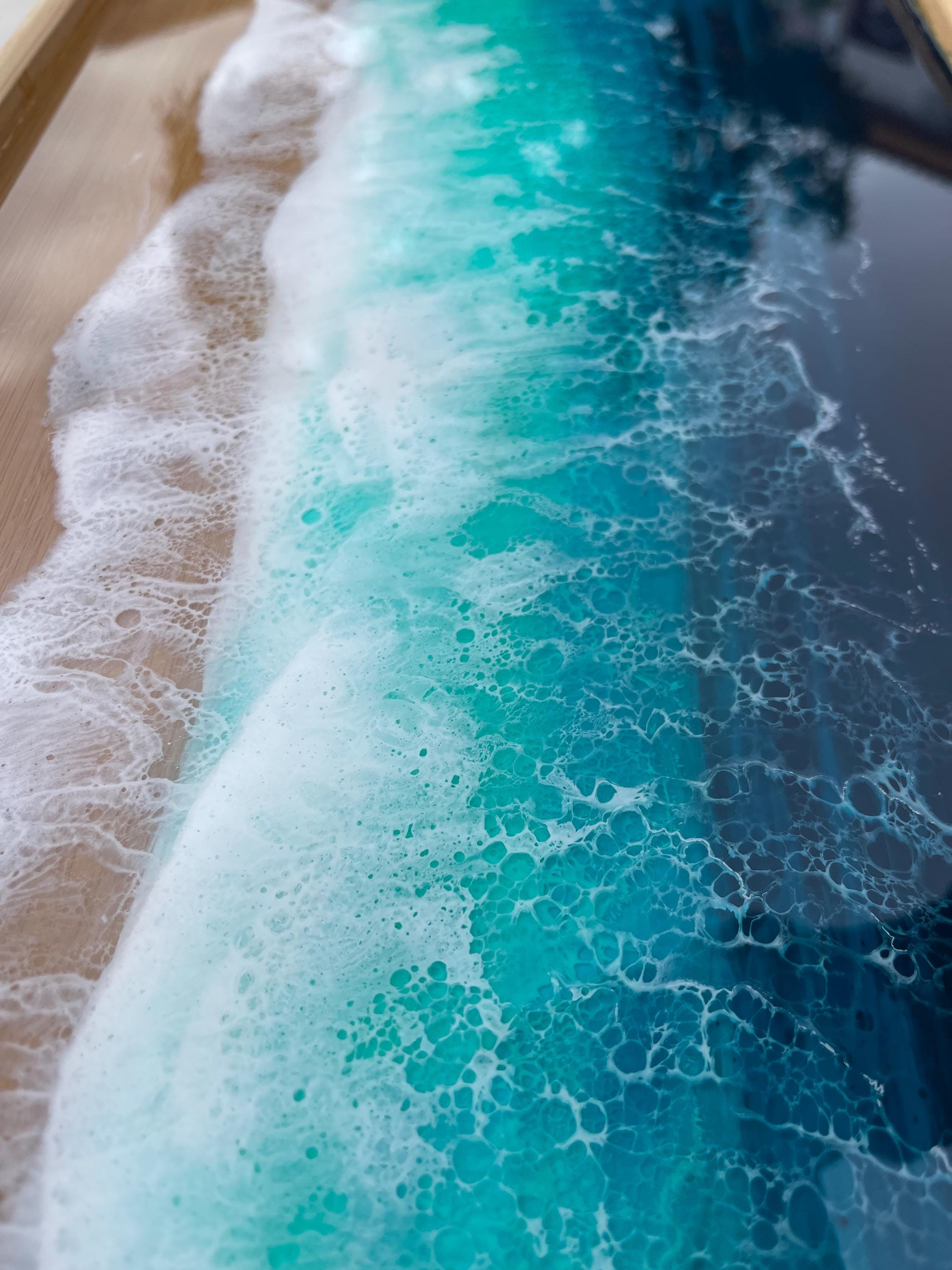 Bamboo Bed Tray with Resin Ocean Waves | Handmade Coastal Serving Tray | Foldable Breakfast Tray | Resin Art Home Decor 53 cm
