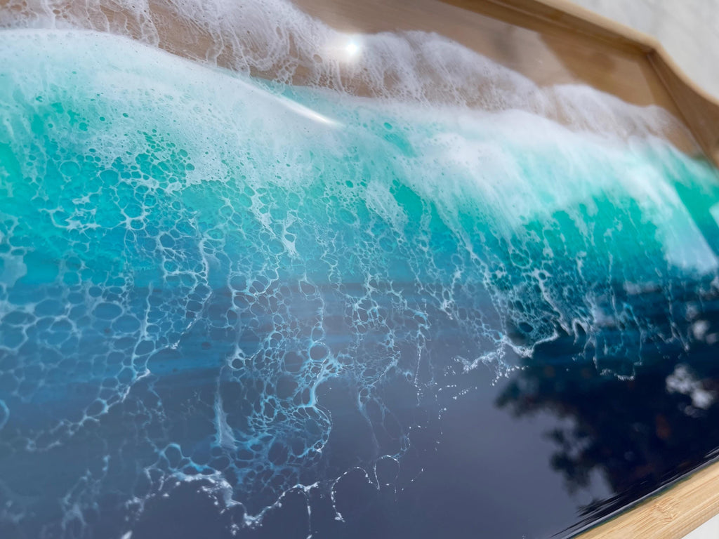 Bamboo Bed Tray with Resin Ocean Waves | Handmade Coastal Serving Tray | Foldable Breakfast Tray | Resin Art Home Decor 53 cm