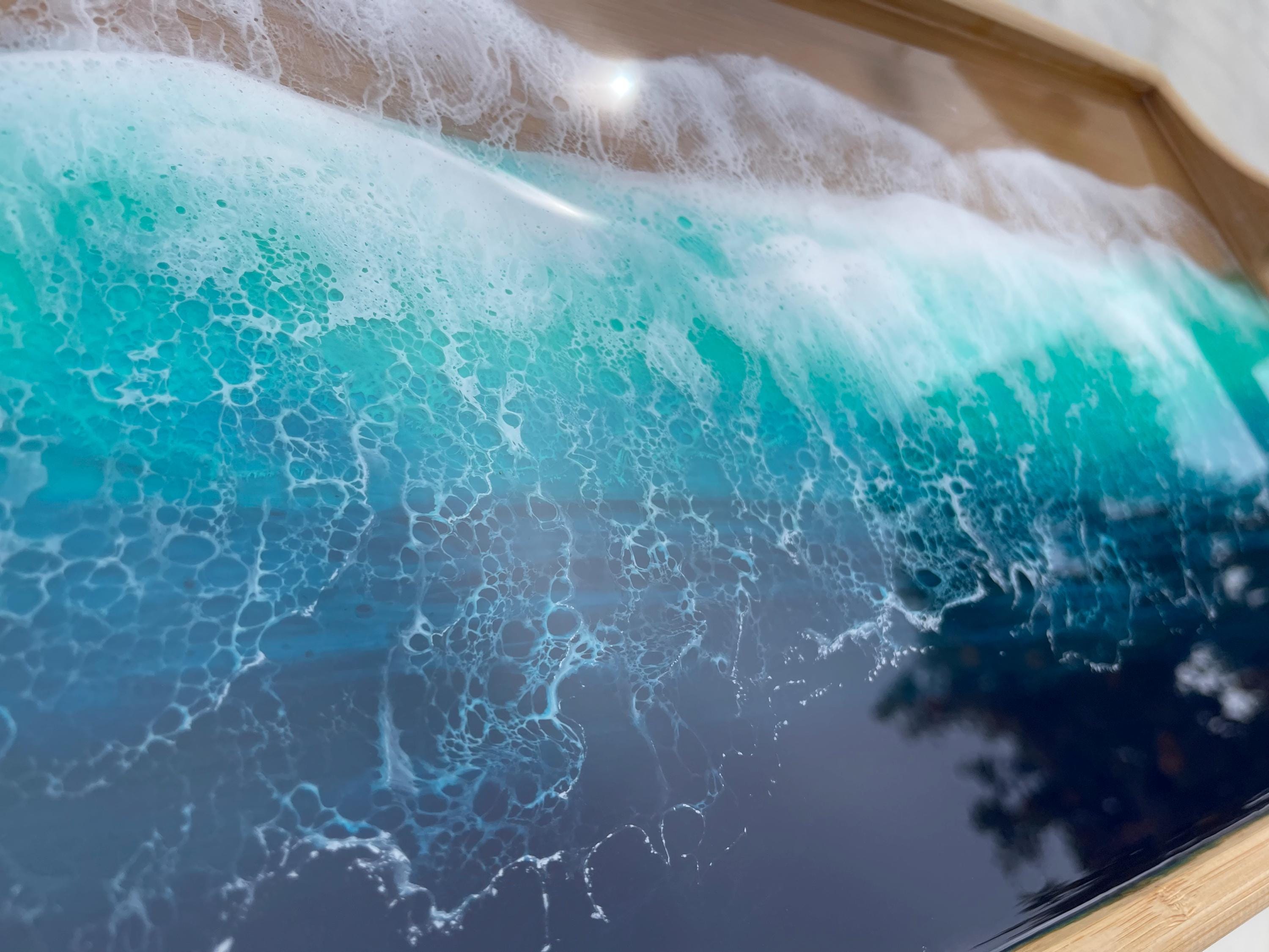 Bamboo Bed Tray with Resin Ocean Waves | Handmade Coastal Serving Tray | Foldable Breakfast Tray | Resin Art Home Decor 53 cm