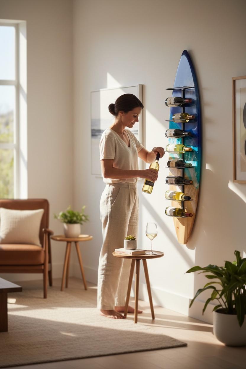 Handmade Surfboard Wine Rack – Coastal Resin Wave Art, Beach Decor