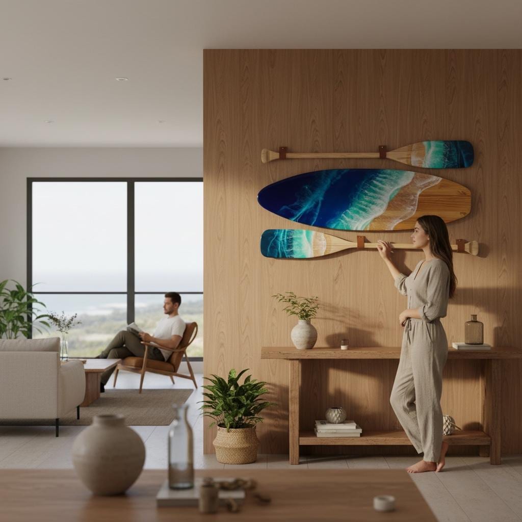 Resin Ocean Surfboard & Oars Wall Art Set • Coastal Home Decor • Handmade Wave Art • 90cm / 120cm Surfboard with Matching Paddles