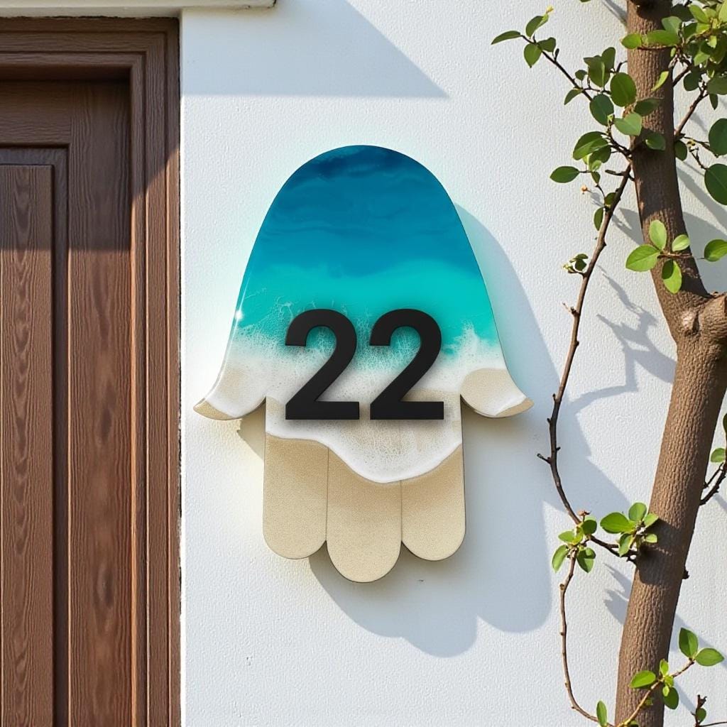 Hamsa Hand House Number Plaque – Handmade Resin Ocean Door Sign, Coastal Home Decor, Custom Address Plate