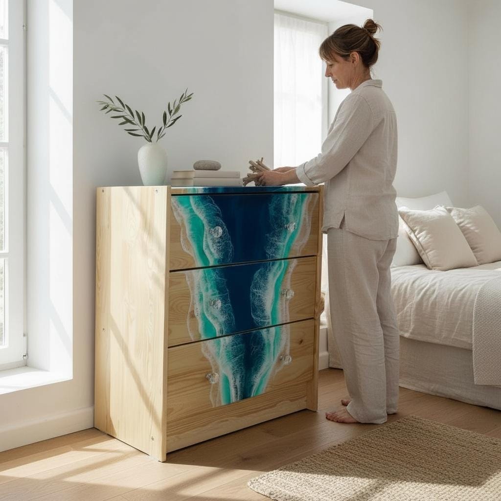 Handmade Ocean Resin Chest of Drawers – Coastal Storage Cabinet with Resin Waterfall Design, Functional Art Furniture