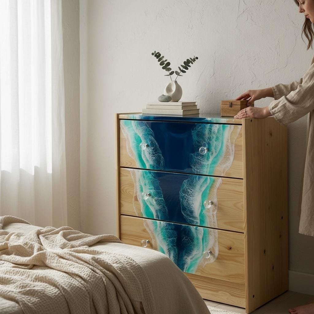 Handmade Ocean Resin Chest of Drawers – Coastal Storage Cabinet with Resin Waterfall Design, Functional Art Furniture