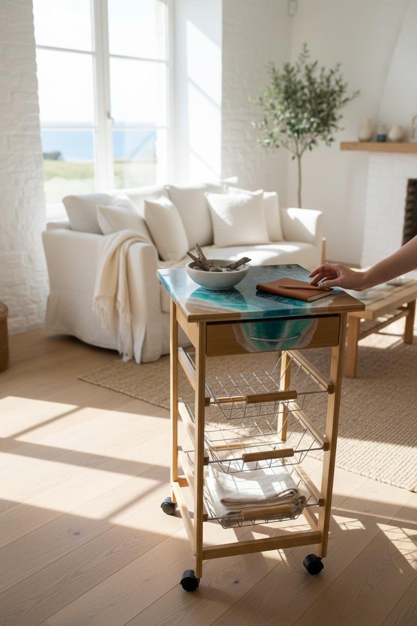 Handmade Bamboo Kitchen Trolley with Ocean Resin Top – Coastal Storage Cart on Wheels, Functional Art Furniture