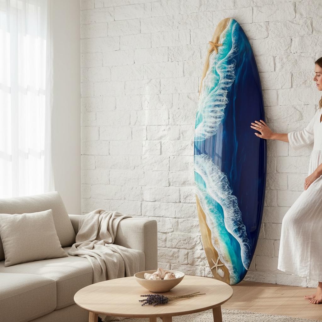 Extra Wide Resin Surfboard Wall Art | 150 cm Ocean Wave Decor | Real Coral Sand & Starfish | Handmade Coastal Resin Art on Solid Pinewood